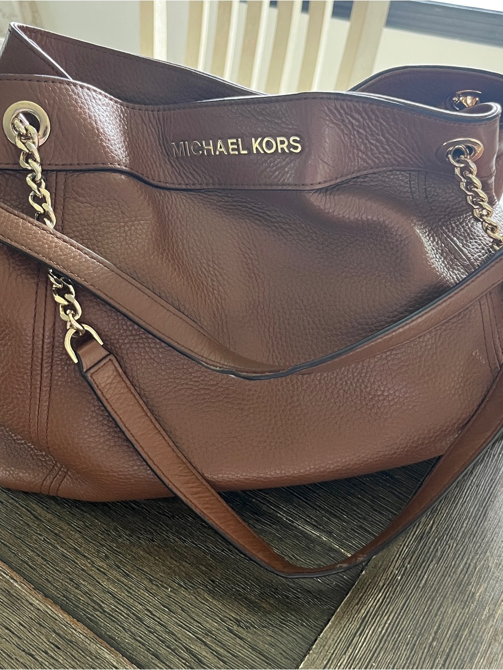 Michael Kors Chocolate Brown Pebbled Leather Shoulder Bag with Gold Chain